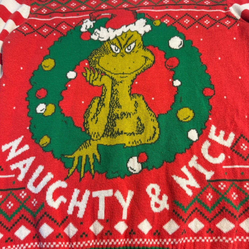 Dr Seuss The Grinch Naughty & Nice Christmas Sweater Kids Large 10-12 Red Green
